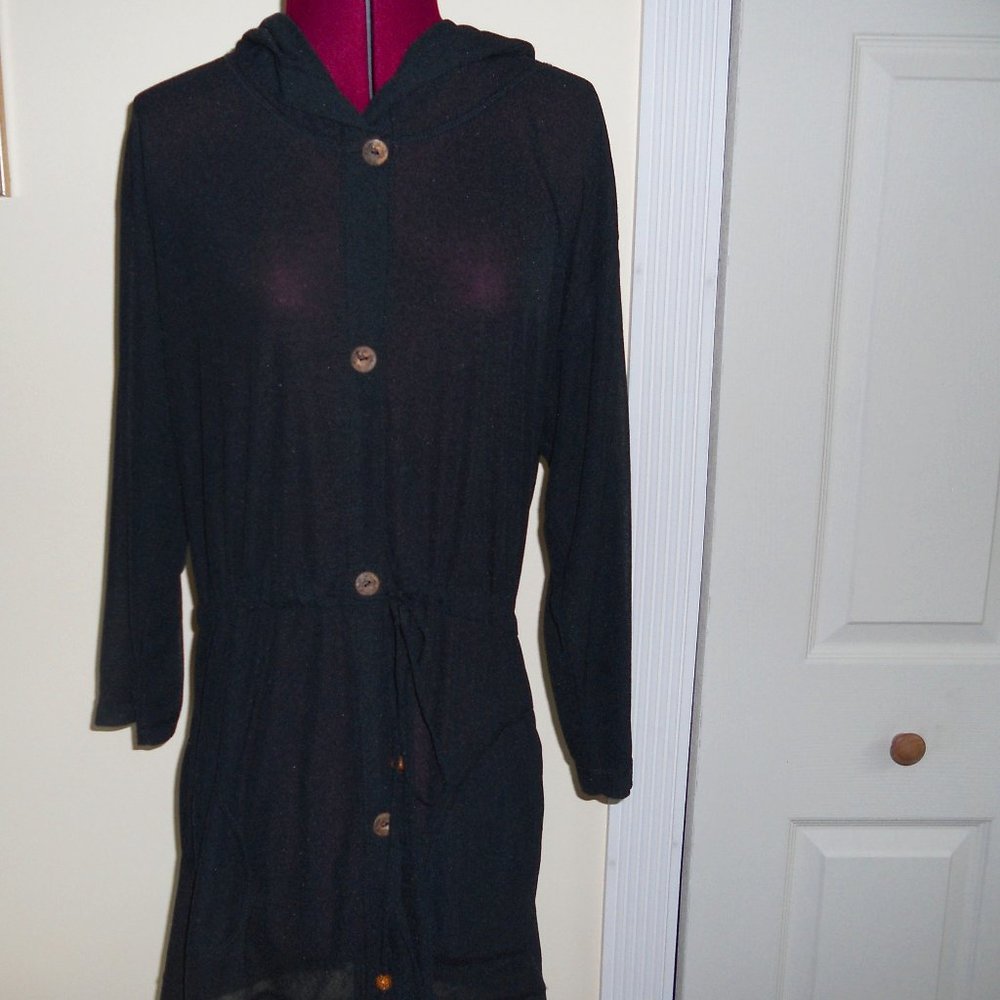 J. Valdi S Black  Hooded Coverup Button Front Drawstring Waist Sheer Fabric